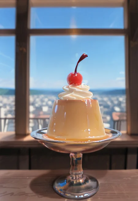 masterwork, masterpiece, best quality, very aesthetic, absurdres, newest, huge filesize, hires, highres, supper fine illustration, very awa, detailed, hdr, blurry background, anime screenshot, 
food focus, object focus, no humans, 
retroprin, pudding, spoon, cherry, whipped cream, syrup, silverware, still life, shadows, cafe background, coffee, 
japanese cafe, "kissaten", cityscape, window, blue sky, ambient lighting, wood texture, minimalist decor, cozy, modern, shiny skin, negative space, fisheye, 