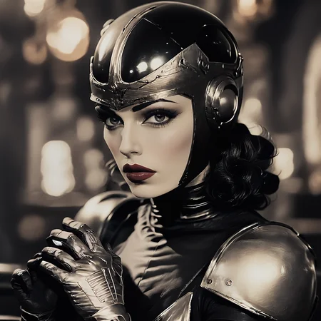 Score_9, score_8_up, score_7_up, BREAK <lora:10s_Retro_Future_MoviePony:1> ArsMovieStill, movie still from a 1910s retro future movie, The image shows a woman in a black and white photo wearing a helmet and gloves with a blurred background., 1girl, monochrome, solo, helmet, looking at viewer, blurry background, makeup, closed mouth, armor, blurry