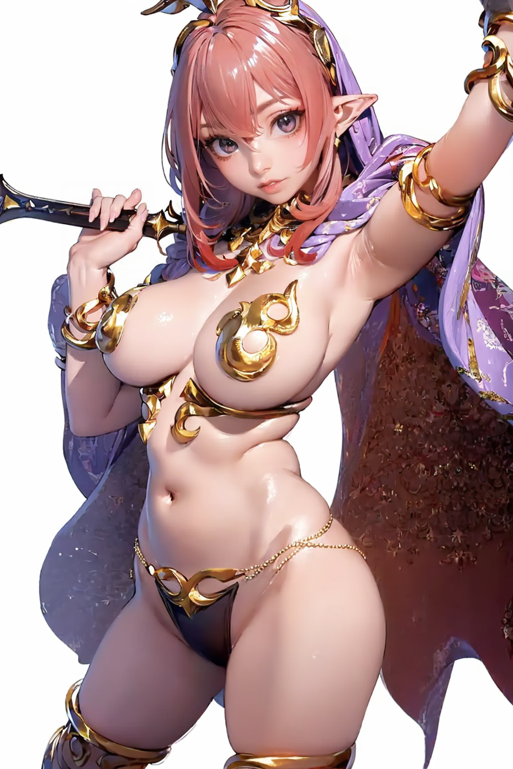(cowboy_shot:1.5),(white background:2),
curvy,oval face,(red hair:1.5),messy hair,ahoge,(very long hair:1.4),crossed bangs,makeup,fundoshi,long_eyelashes,light_blush,black eyes,(front view:1.5),(looking_at_viewer:1.2),<lora:é»ç²¾çµSD1.5:0.8>,1girl,breasts,solo,thighlet,jewelry,bikini armor,armor,anklet,armlet,barefoot,elf,, (masterpiece:1.2),best quality,masterpiece,highres,original,extremely detailed wallpaper,perfect lighting,(extremely detailed CG:1.2),