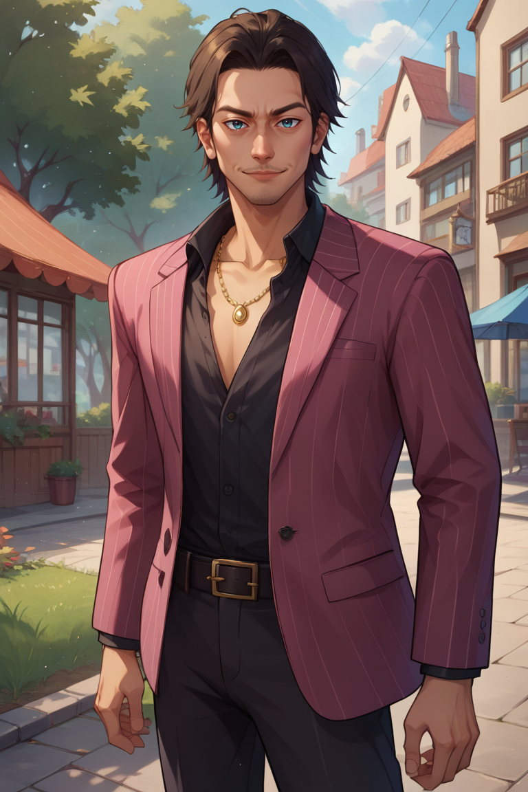 score_9, score_8_up, score_7_up, BREAK, 1boy, solo,  <lora:akiyama-guy-PONYv1:1>, akiyama, necklace, jacket, black shirt, striped, suit, belt, black pants, formal, outdoors, looking at viewer, light smile