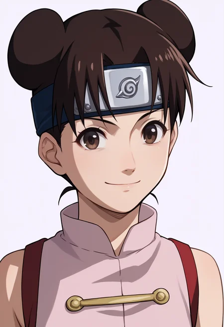 score_9, score_8_up, score_7_up, score_6_up, score_5_up, score_4_up, BREAK, source_anime,
1girl, ytenten, brown eyes, brown hair, short hair, double bun, forehead protector,
konohagakure symbol, bare shoulders, sleeveless shirt,
upper body, smile, looking at viewer, solo, simple background, white background <lora:TentenGeninXL:1>