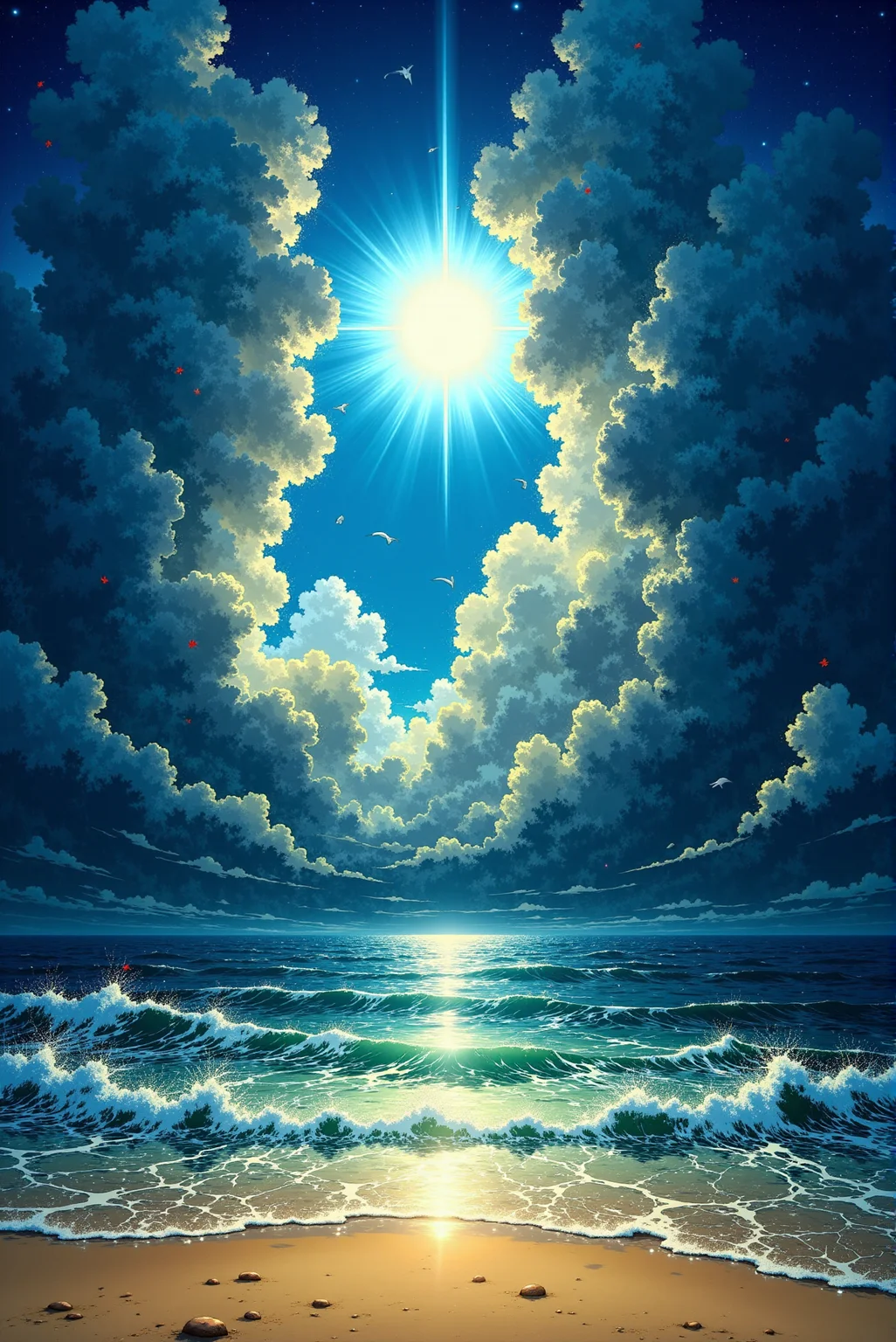 <lora:Anime_Sky:1.0> AnimeSky style. The image is a vibrant, detailed digital illustration in a style reminiscent of a highly detailed, colorful, and slightly stylized digital painting. The scene depicts a picturesque alpine landscape during sunset or sunrise, characterized by a rich, dynamic color palette. The sky is ablaze with hues of orange, pink, and purple, blending into a deeper blue, with fluffy, stylized clouds. In the foreground, a lush, verdant meadow filled with colorful wildflowers (including red, blue, and purple) stretches out. The foreground is speckled with large, irregularly shaped rocks. A rustic cabin, weathered and made of wooden planks, stands on the left side of the meadow. The cabin features a small porch and windows, hinting at a cozy, lived-in feel. The middle ground is dominated by a dense forest of dark green evergreen trees, creating a dense, lush canopy.