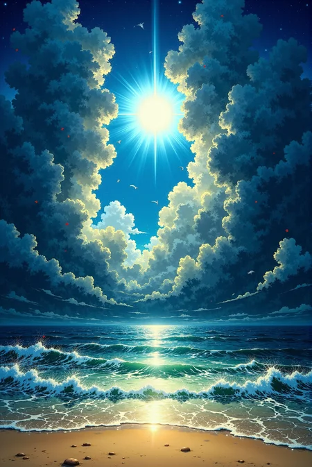 <lora:Anime_Sky:1.0> AnimeSky style. The image is a vibrant, detailed digital illustration in a style reminiscent of a highly detailed, colorful, and slightly stylized digital painting. The scene depicts a picturesque alpine landscape during sunset or sunrise, characterized by a rich, dynamic color palette. The sky is ablaze with hues of orange, pink, and purple, blending into a deeper blue, with fluffy, stylized clouds. In the foreground, a lush, verdant meadow filled with colorful wildflowers (including red, blue, and purple) stretches out. The foreground is speckled with large, irregularly shaped rocks. A rustic cabin, weathered and made of wooden planks, stands on the left side of the meadow. The cabin features a small porch and windows, hinting at a cozy, lived-in feel. The middle ground is dominated by a dense forest of dark green evergreen trees, creating a dense, lush canopy.