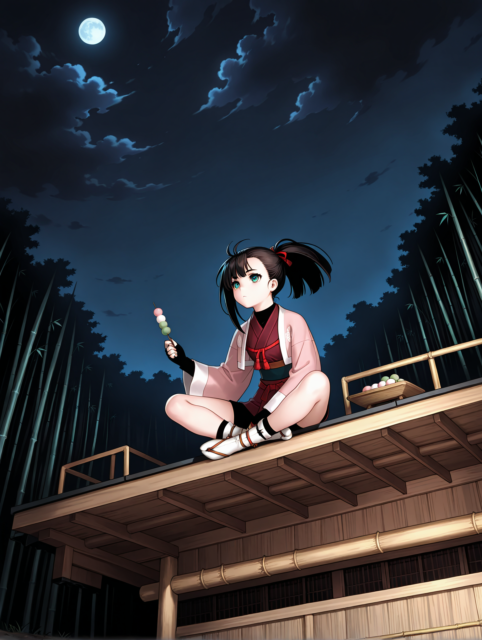 masterpiece,best quality,newest,1girl,solo,
<lora:yoshino_rinka_ilxl_v1.1:1>,
rinka,black hair,green eyes,r_clothes,fingerless gloves,socks,sandals,<lora:Fixhands_anime_bdsqlsz_V1:1>,dynamic_angle,cinematic_angle,bamboo forest,night,darkness,dark cloud,indian style,sitting_on_rock,dango,looking_up,looking ahead,eat,