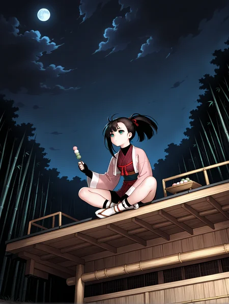 masterpiece,best quality,newest,1girl,solo,
<lora:yoshino_rinka_ilxl_v1.1:1>,
rinka,black hair,green eyes,r_clothes,fingerless gloves,socks,sandals,<lora:Fixhands_anime_bdsqlsz_V1:1>,dynamic_angle,cinematic_angle,bamboo forest,night,darkness,dark cloud,indian style,sitting_on_rock,dango,looking_up,looking ahead,eat,