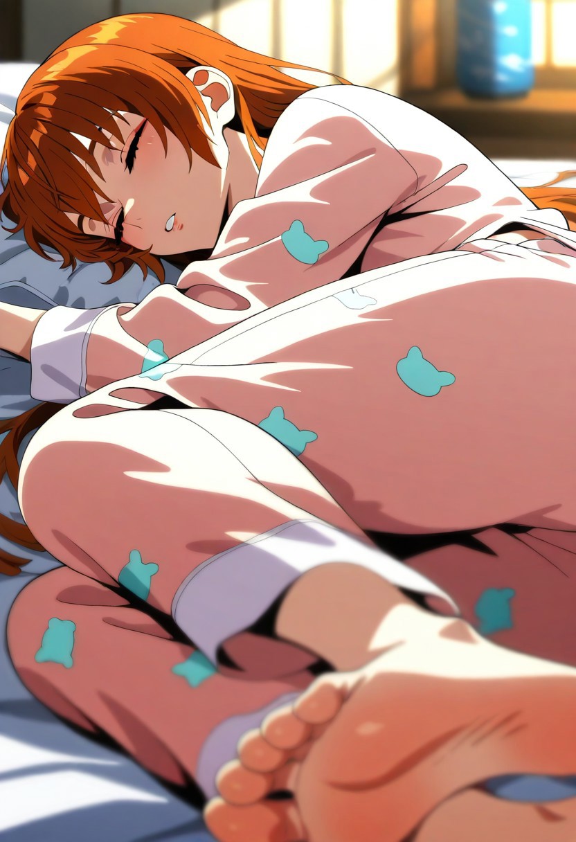 official style,masterpiece,best quality,newest,very aesthetic,highly detailed,high resolution,absurdres,highres,depth of field,super detailed skin,very awa,Anime,anime coloring,anime screencap,<lora:kasumi_V1:0.7>,kasumi \(doa\),parted lips,blush,pajamas,sleeping, feet, soles