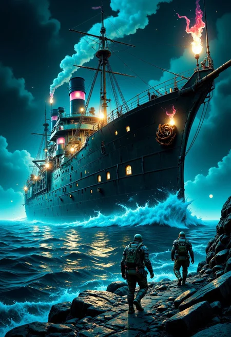 This steampunk-Ghostlystyle graphic novel panel shows survivors navigating a massive, haunted ship in a ghostly Biopunk world. The rusted iron vessel drifts over a dark, misty sea, with eerie neon tubes flickering and ghostly smoke swirling. Clad in patched-up armor, the survivors tread cautiously through the decaying ship, haunted by spectral remnants of their mechanical past and an industrial void filled with restless, phantom machines.