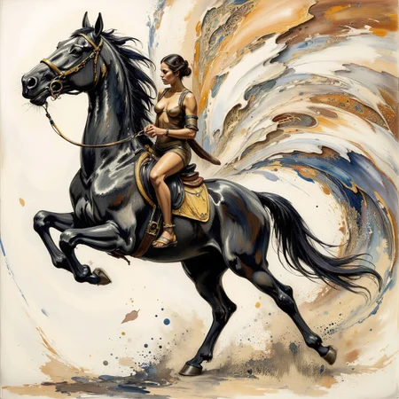 Surrealism themed artwork depicting black-toned Irish skinless galloping horse, steampunk, intricate white and gold fractal, damaged, billowing bright dust, very detailed. The overall feel of the image is of clarity and balanced space, with distorted people and items interacting in unusual ways. Additionally the image incorporates elements of mixed media including flowing lines drawn with fine pens and appliqued bronzeleaf. The general effect is of elaborate surreal and absurdist elements interacting with each other to produce timeless fine art elegance. <lora:Paper_Marbling_Flux:0.5> <lora:Eldritch_Watercolor_for_Flux:0.5> <lora:BookOfKells-Rapid:0.3> <lora:Eldritch_Paint_Sketch_for_Flux_1.0.5:0.4> <lora:FLUX.1-DEV_-_Decadence_Art_style_LoRA:0.5> <lora:Midjourney_Whisper_BrushPulse_v01:0.6>