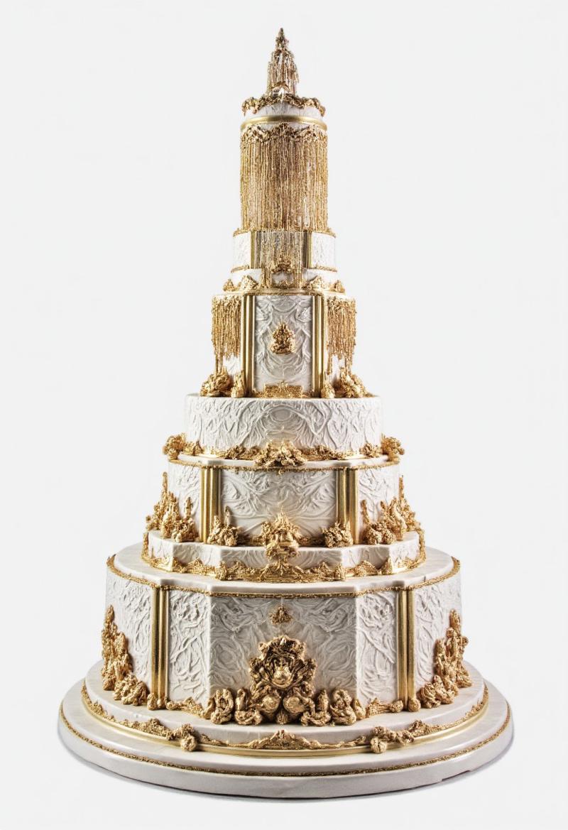 A showstopping nine-tier cake with alternating hexagonal and round tiers, creating a striking architectural silhouette. Embossed sugar paneling, gilded floral motifs, and cascading sugar tassels evoke the decadence of a bygone era. The pièce de résistance is a sugar fountain at the pinnacle, crafted from spun sugar and edible gold, appearing to pour delicate strands of liquid gold down the tiers.
