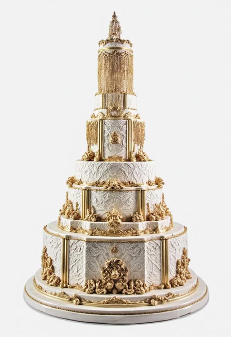A showstopping nine-tier cake with alternating hexagonal and round tiers, creating a striking architectural silhouette. Embossed sugar paneling, gilded floral motifs, and cascading sugar tassels evoke the decadence of a bygone era. The pièce de résistance is a sugar fountain at the pinnacle, crafted from spun sugar and edible gold, appearing to pour delicate strands of liquid gold down the tiers.