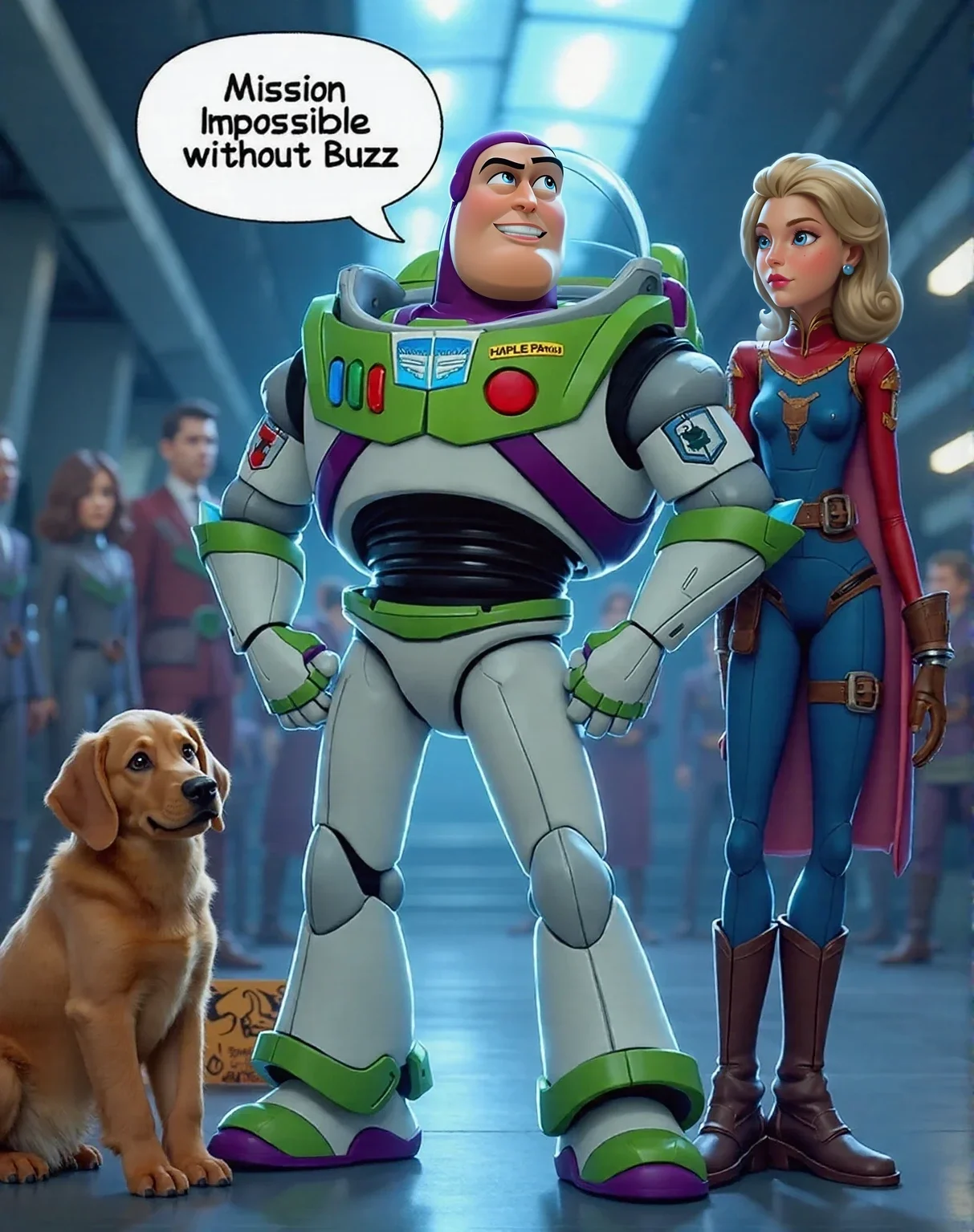 Buzz Lightyear stands in a futuristic setting. text bubble from the man says "Mission Impossible without Buzz". They look determined and ready for battle.