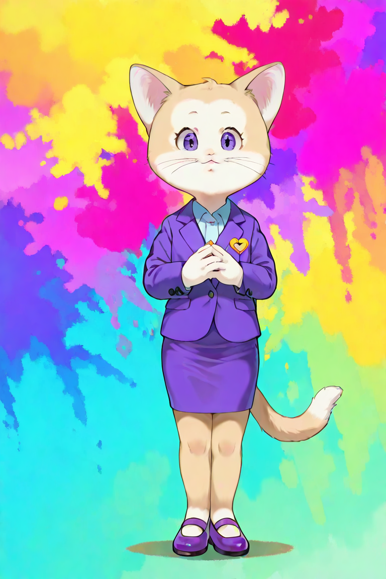 highres, incredible quality, 2d, watercolor, ((detailed face:1, detailed eyes:1)), detailed hands, detailed eyes, good anatomy, miss petunia, cat, furry, furry female, 1girl, whiskers, solo, skirt, cat, furry, suit, formal, pencil skirt, standing, furry female, tail, purple footwear, 1girl, skirt suit,thin eyebrowns, simple background, looking at viewer, hands together, hearts, abstract background, colorful background, dynamic angle, (((solo, 1girl)))