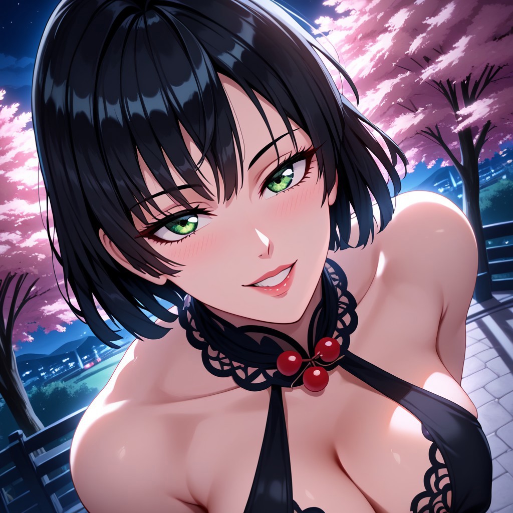 black hair, short hair, high definition
OUTFIT:
black dress,cleavage, highres, high quality, best quality, volumetric lighting, UHD, skin texture, skin detail, high quality skin, highly detailed, firm breasts.
BEHAVIOR:
mature female,face view, high angle, portrait, beutiful eyes, seductive looking at viewer, teeth, love look,in love,close up, face 4k.
BACKGROUND:
night day,cherry trees, background