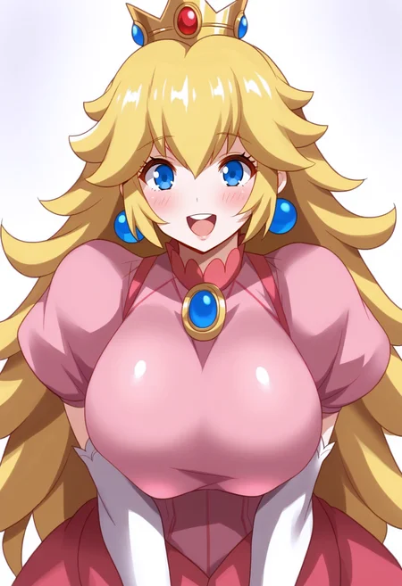 [score_9, score_8_up, score_7_up, score_6_up, score_5_up, score_4_up::0.2], 
refraction, caustics,  
white background, 
BREAK
princess peach, 1girl, solo, (mature female:0.5), 
light blue eyes, very long hair, blonde hair, 
open mouth, blush, smile, teeth, huge breasts, thick thighs, 
crown, sphere earrings, pink dress, puffy short sleeves, elbow gloves, white gloves, 
close-up, portrait, straight-on, upper body, looking at viewer, 
<lora:KonnoTohiro-P3v1-PDXL:1>