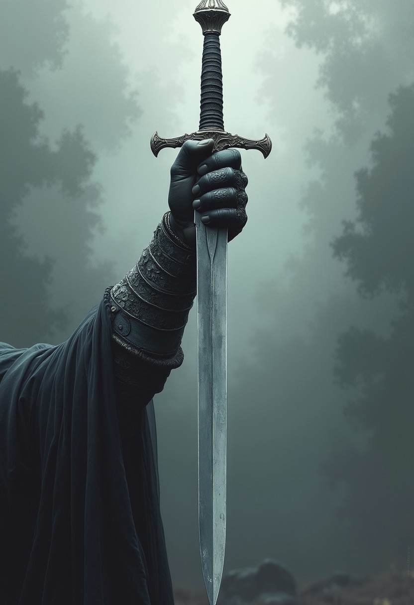 a hand wearing dark gray armor, holds a long, pointed sword, silvery-gray metal, with visible detail in the crossguard, soft, gray and white mist background, diffused lighting, no harsh highlights, vintage film, noir, professional photoshoot