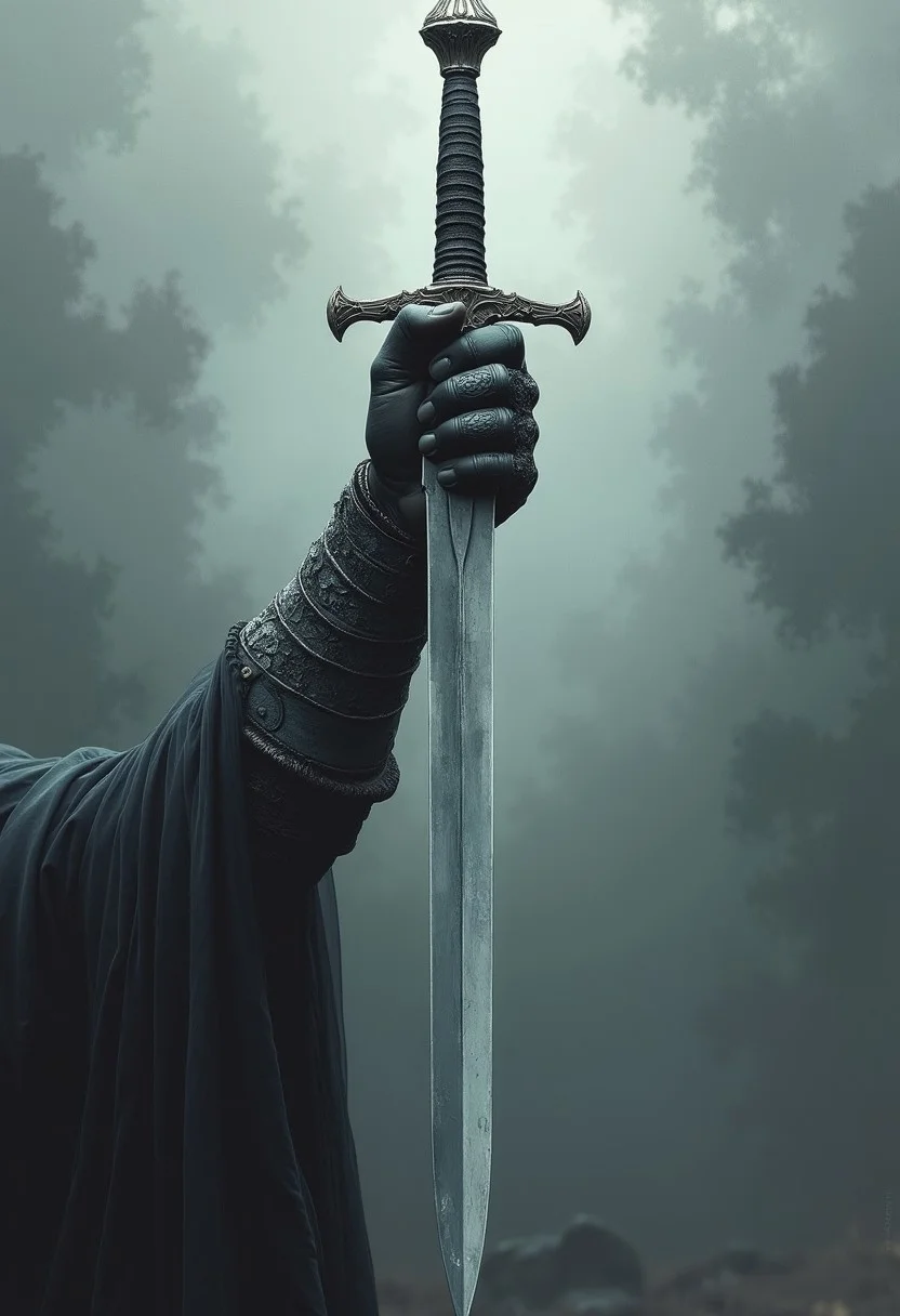 a hand wearing dark gray armor, holds a long, pointed sword, silvery-gray metal, with visible detail in the crossguard, soft, gray and white mist background, diffused lighting, no harsh highlights, vintage film, noir, professional photoshoot