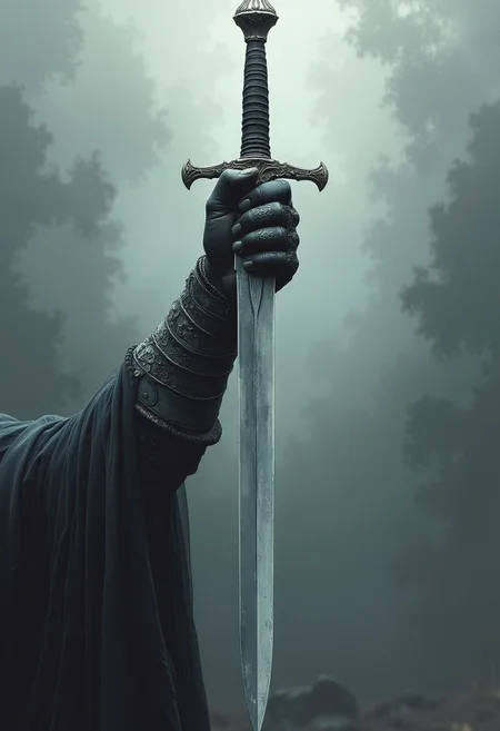 a hand wearing dark gray armor, holds a long, pointed sword, silvery-gray metal, with visible detail in the crossguard, soft, gray and white mist background, diffused lighting, no harsh highlights, vintage film, noir, professional photoshoot