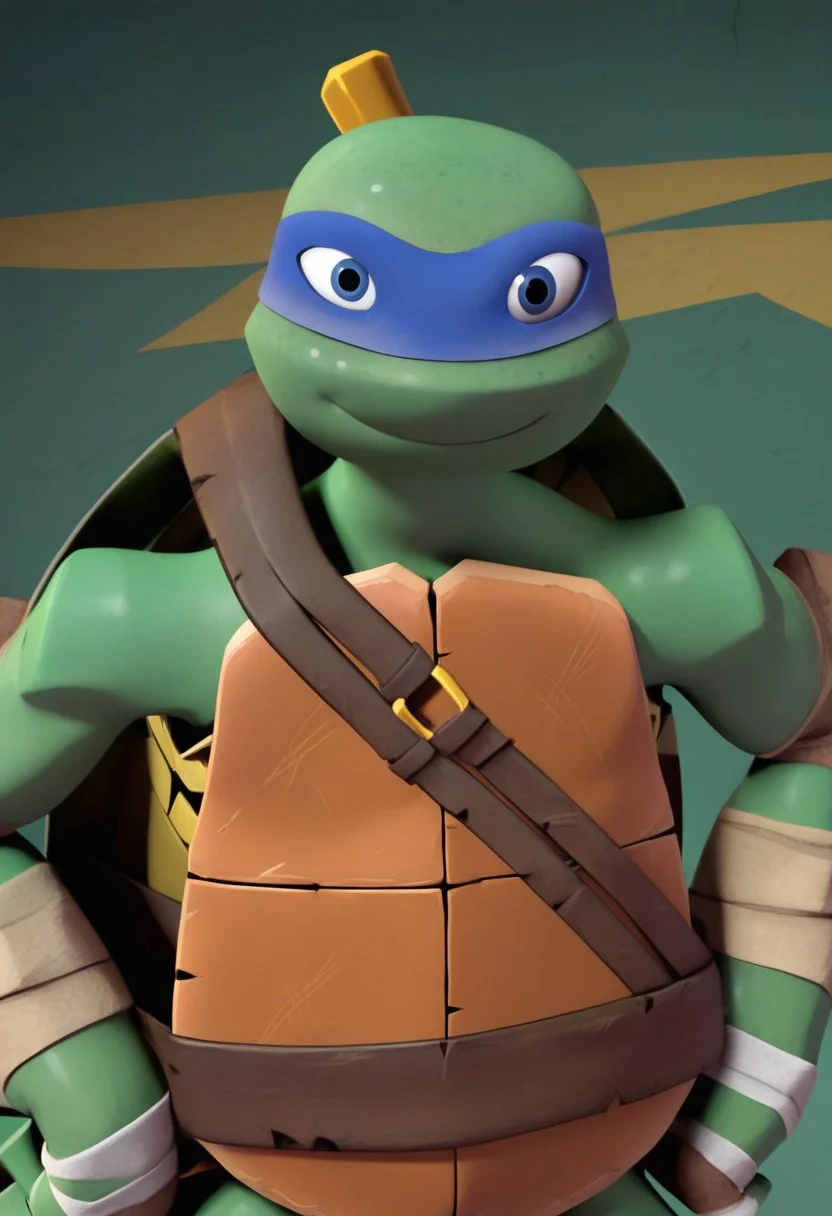 leonardo, 3d, cgi, turtle, green skin, anthro, male, blue eyes, blue mask, shell, belt, shoulder bandages, smile, wrist wrap, standing, looking at viewer, elbow pads, best quality, high quality, perfect, masterpiece, 4K, blu ray, pokemon (creature), no humans, 1boy, solo, skin freckles, hands on hips,