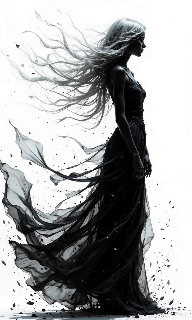 A side-view, full-body black silhouette of woman with long silver-white hair standing on a plain white background, facing to the right. wearing a long black dress. A strong wind flows her hair and the dress to the left. The silhouette appears solid at the front, but the back of the figure is dissolving into very long curved expressive lines that drift backward, as if being carried away by the wind. Edges gradually fading into a wide soft mist. Fragments that scatter into the air. The particles fade from dense to sparse, giving a surreal sense of the figure disintegrating into the air