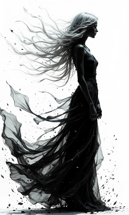 A side-view, full-body black silhouette of woman with long silver-white hair standing on a plain white background, facing to the right. wearing a long black dress. A strong wind flows her hair and the dress to the left. The silhouette appears solid at the front, but the back of the figure is dissolving into very long curved expressive lines that drift backward, as if being carried away by the wind. Edges gradually fading into a wide soft mist. Fragments that scatter into the air. The particles fade from dense to sparse, giving a surreal sense of the figure disintegrating into the air