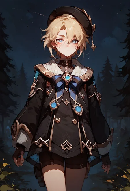 score_9, score_8_up, score_8, anime style, score_9, score_8_up, score_8, anime style, source_anime,
1 boy, otoko no ko, trap, androgynous, freminet, genshin impact, solo, 1boy, male_focus, blush, freckles, blonde hair, blue eyes, young, hat, forest background, dark, night, night sky, standing, concept art, realistic, dark theme, low light, <lora:freminetXL-fine:0.8>