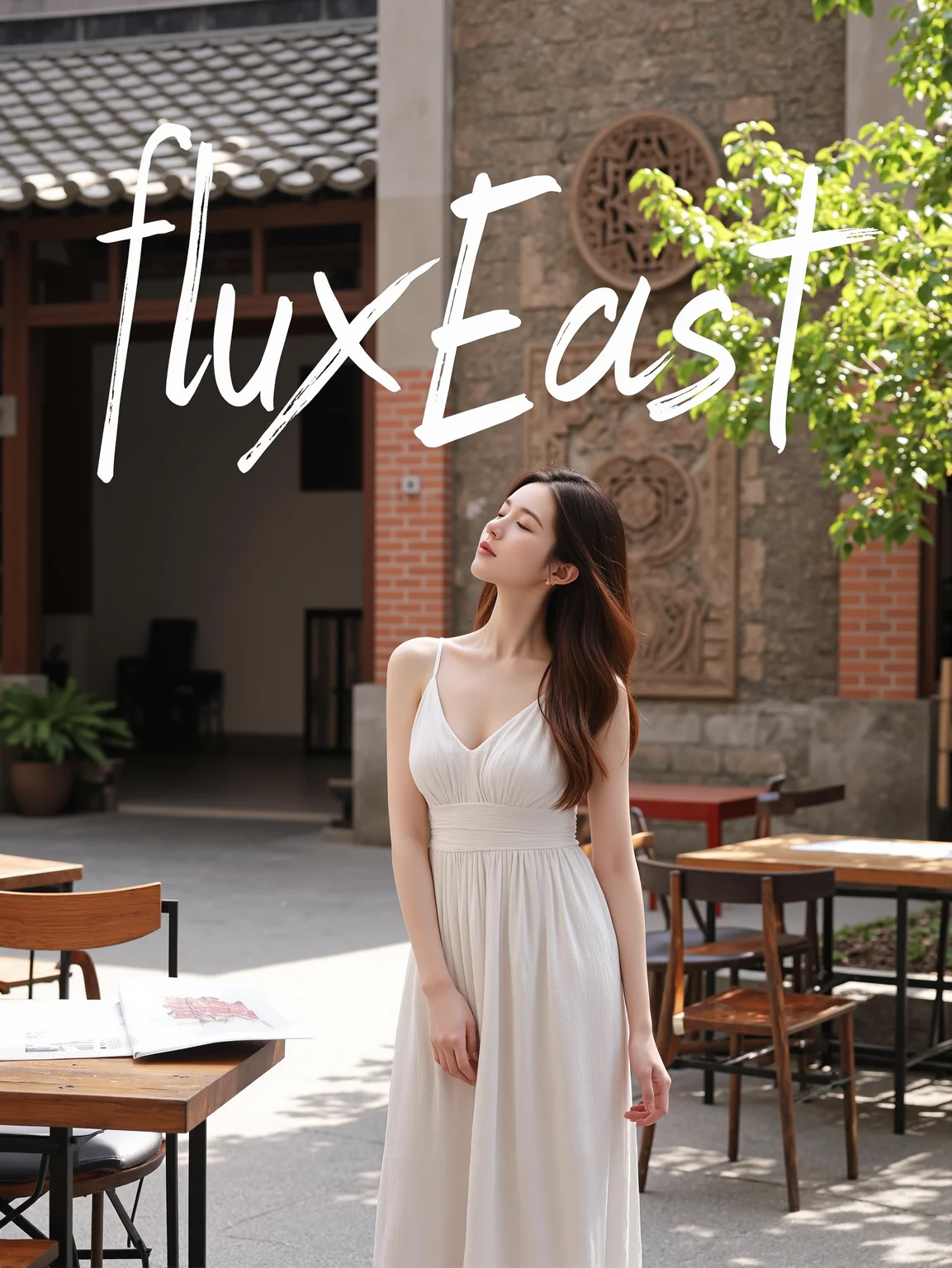 This is a clear outdoor courtyard photo with a style leaning towards rustic and nature. In the photo, we can see a lady standing beside a wooden table, dressed in a white dress with the skirt falling naturally. Her hair shows a gradient of colors, from dark at the roots to light at the tips. Her eyes are closed, as if she is enjoying a moment of tranquility. There are some tables and chairs in the courtyard, the colors of which stand out sharply against the surrounding green plants. In the background, there is an ancient building with a tiled roof and brick walls. On one side of the building, there are some decorative wooden carvings, adding an artistic touch to the entire scene.
There is a prominent artistic font above the picture, which reads' fluxEast 'in English