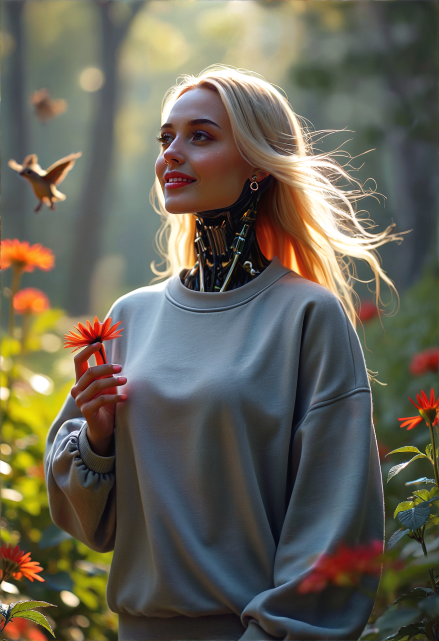 Hyperrealistic art a woman with a mechanical neck and a flower in her hand in a field of flowers with a bird flying overhead, Artur Tarnowski, ex machina, cyberpunk art, aestheticism.  Cinematic photography, movie mood, cinematic light, compelling composition, storytelling elements, conveys emotion, mood, and narrative depth, creating visually striking images that feel like still frames from a film. <lora:add-detail-xl:.5> <lora:Flux-style-xl-lora:.5>