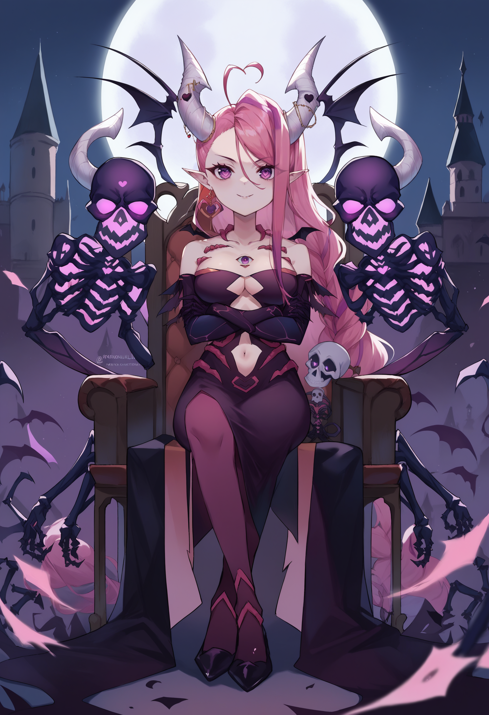 score_9, score_8_up, score_7_up, source_anime, 1girl, outdoors, <lora:Ironmouse_XLPD:1>, IronmouseUnderworld, purple eyes, demon horns, demon girl, demon tail, demon wings, pointy ears, heart ahoge, bangs, long hair, heart earrings, braid, ahoge, hair behind ear, heart hair ornament, eyeball, jewelry, black dress, bare shoulders, elbow gloves, earrings, navel, collarbone, clothing cutout, black gloves, skeleton, strapless dress, high heels, hair ornament, navel cutout, sitting, chair, skeleton, crossed legs, evil smile, crossed arms, night, moon,castle,