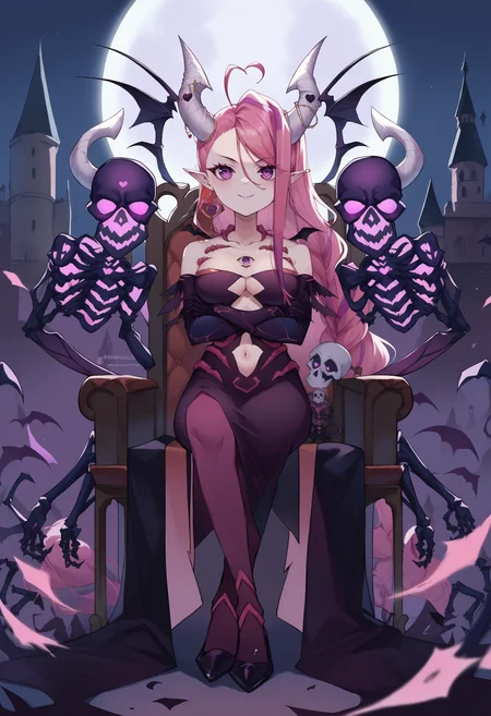 score_9, score_8_up, score_7_up, source_anime, 1girl, outdoors, <lora:Ironmouse_XLPD:1>, IronmouseUnderworld, purple eyes, demon horns, demon girl, demon tail, demon wings, pointy ears, heart ahoge, bangs, long hair, heart earrings, braid, ahoge, hair behind ear, heart hair ornament, eyeball, jewelry, black dress, bare shoulders, elbow gloves, earrings, navel, collarbone, clothing cutout, black gloves, skeleton, strapless dress, high heels, hair ornament, navel cutout, sitting, chair, skeleton, crossed legs, evil smile, crossed arms, night, moon,castle,