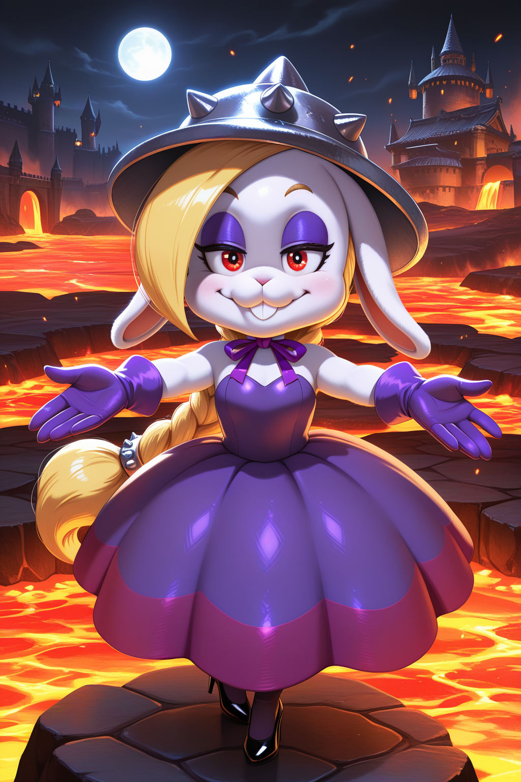 masterpiece, best quality, amazing quality, absurdres, mariohariet, blonde hair, single braid,  white skin, furry female, rabbit girl, solo, smile, half-closed eyes, confident, outstretched arms, looking at viewer, spiked helmet, purple dress, purple gloves, black stiletto heels, outdoors, castle, east asian architecture, dark lighting, dark atmosphere, magma, lava, sparks, steam