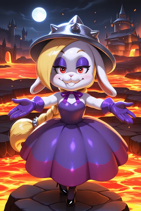 masterpiece, best quality, amazing quality, absurdres, mariohariet, blonde hair, single braid, white skin, furry female, rabbit girl, solo, smile, half-closed eyes, confident, outstretched arms, looking at viewer, spiked helmet, purple dress, purple gloves, black stiletto heels, outdoors, castle, east asian architecture, dark lighting, dark atmosphere, magma, lava, sparks, steam
