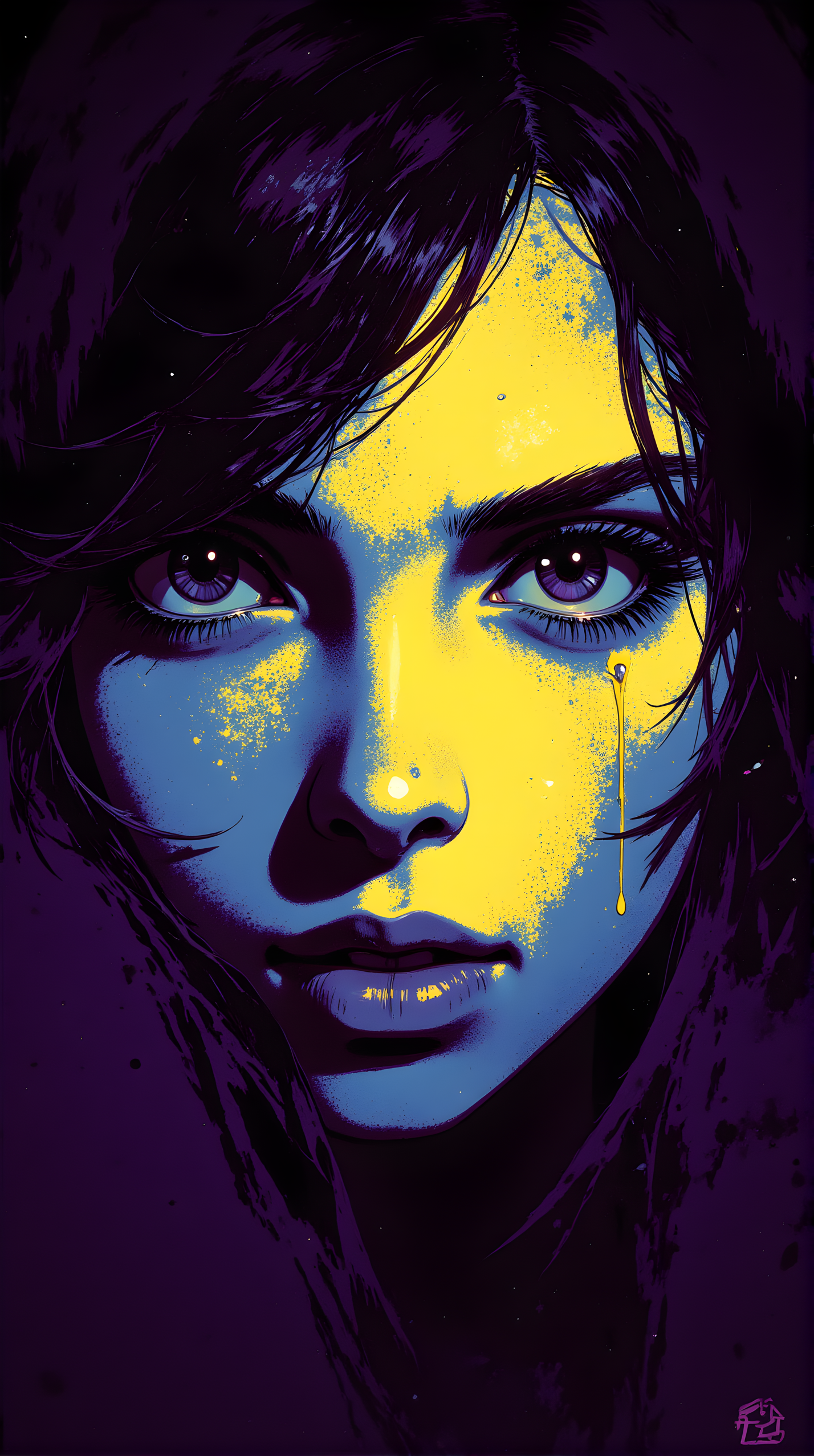 A striking and vivid portrait with a highly stylized, almost surreal aesthetic. The subject's face is illuminated by bold, contrasting colors, primarily yellow and blue, which create a dramatic and intense visual effect. Hereâs a detailed description:
The dominant colors are bright yellow and deep blue, creating a high-contrast, neon-like appearance.
The yellow highlights on the face stand out sharply against the darker tones, drawing attention to specific features such as the eyes, nose, and cheeks.
The person has long, dark hair that frames their face, adding depth and texture to the composition.
Their eyes are accentuated with thick eyelashes and defined eyebrows, contributing to an expressive and intense gaze.
A single tear or streak of yellow runs down one side of the face, adding emotional weight to the image.
The lighting is dynamic, with sharp contrasts between light and shadow. The yellow highlights appear almost luminous, giving the impression of glowing or reflective surfaces.
The shadows are deep and rich, particularly around the eyes and jawline, enhancing the three-dimensional quality of the face.
The individualâs expression is neutral yet intense, with a slight hint of melancholy or contemplation conveyed through the downward gaze and the tear.
The overall mood is mysterious and emotive, inviting viewers to interpret the emotions behind the stark, colorful portrayal.
The painting style is highly detailed, with visible brushstrokes and textures that add depth and realism to the skin and hair.
The use of vibrant, unnatural colors gives the image a cyberpunk or futuristic feel, blending elements of digital art with traditional portraiture.
The background is dark and indistinct, ensuring that all focus remains on the face. The absence of distracting elements enhances the intensity of the subjectâs expression and the bold color scheme.
The image is a powerful and evocative piece of art that combines striking visuals with emotional depth. The interplay of bright yellows and deep blues creates a visually arresting contrast, while the subtle details in the facial features and the lone tear evoke a sense of introspection and vulnerability. The overall effect is both captivating and thought-provoking, leaving a lasting impression on the viewer.
j_art, anime, anime art, <lora:FLUX\jul\J_Anime:0.7>, <lora:FLUX\RealAnime:0.7>
