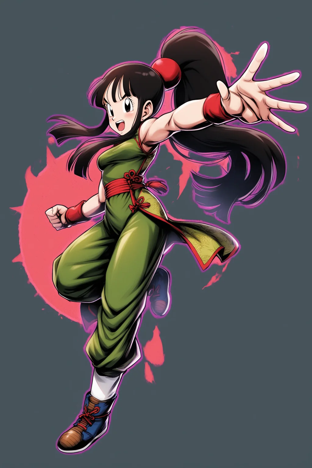 chi-chi \(dragon ball\), 1girl, solo, black hair, open mouth, chinese clothes, white background, long hair, wristband, full body, ponytail, simple background, dress, black eyes, sleeveless, china dress, pants,<lora:Dragon Ball_XL:0.8>,
