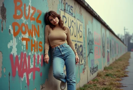 A candid, photorealistic image from 1989 of a busty young woman leaning casually against the Berlin Wall. The wall is covered in vibrant graffiti, and prominently next to her is a spray-painted message that reads: 'BUZZ down this wall!' in bold, uneven letters. The woman is dressed in tight but modest 1980s fashion: high-waisted jeans, a tucked-in fitted sweater, and classic white sneakers. Her hair is styled in a typical 1980s look, with voluminous curls and a slightly teased crown. The photo has an authentic analog feel, shot on a vintage 35mm film camera like the Canon AE-1, using Kodak Gold 200 film. The lighting is natural, with soft, diffused sunlight typical of an overcast day, casting a muted glow over the scene. Slight film grain, subtle color shifts, and light lens flares enhance the nostalgic atmosphere. The background includes other sections of graffiti-covered wall and a glimpse of the cityscape, capturing the tension and energy of Berlin in 1989."