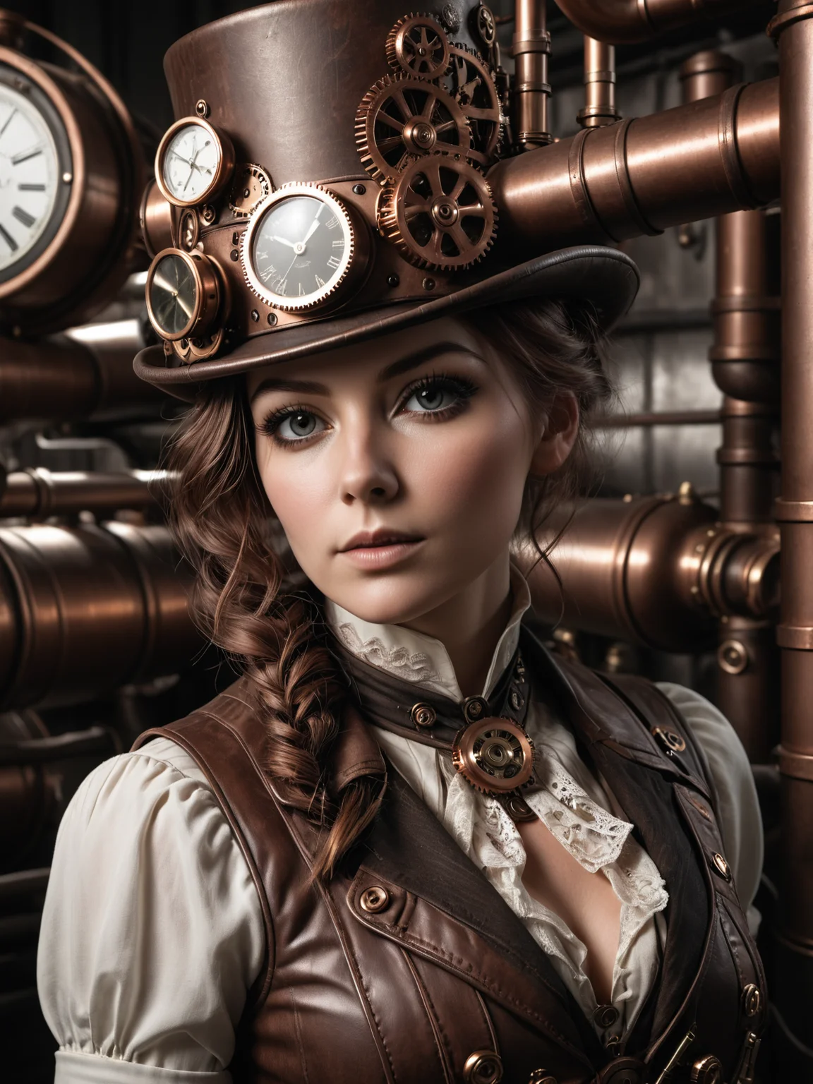 woman wearing a mad-stpk-ht,, steampunk, portrait, close-up, pipes, tanks, steam<lora:Gearbound_Steampunk_Chic_2_SDXL:0.6>, raw photo, film grain, Fujifilm XT3, (photorealistic, realistic:1.2), deep shadow, 8k, uhd, dslr, ultra high res