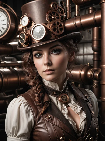 woman wearing a mad-stpk-ht,, steampunk, portrait, close-up, pipes, tanks, steam<lora:Gearbound_Steampunk_Chic_2_SDXL:0.6>, raw photo, film grain, Fujifilm XT3, (photorealistic, realistic:1.2), deep shadow, 8k, uhd, dslr, ultra high res