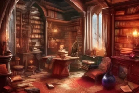 a fantasy bedroom that is also the owner's personal library with books everywhere
FanStu
