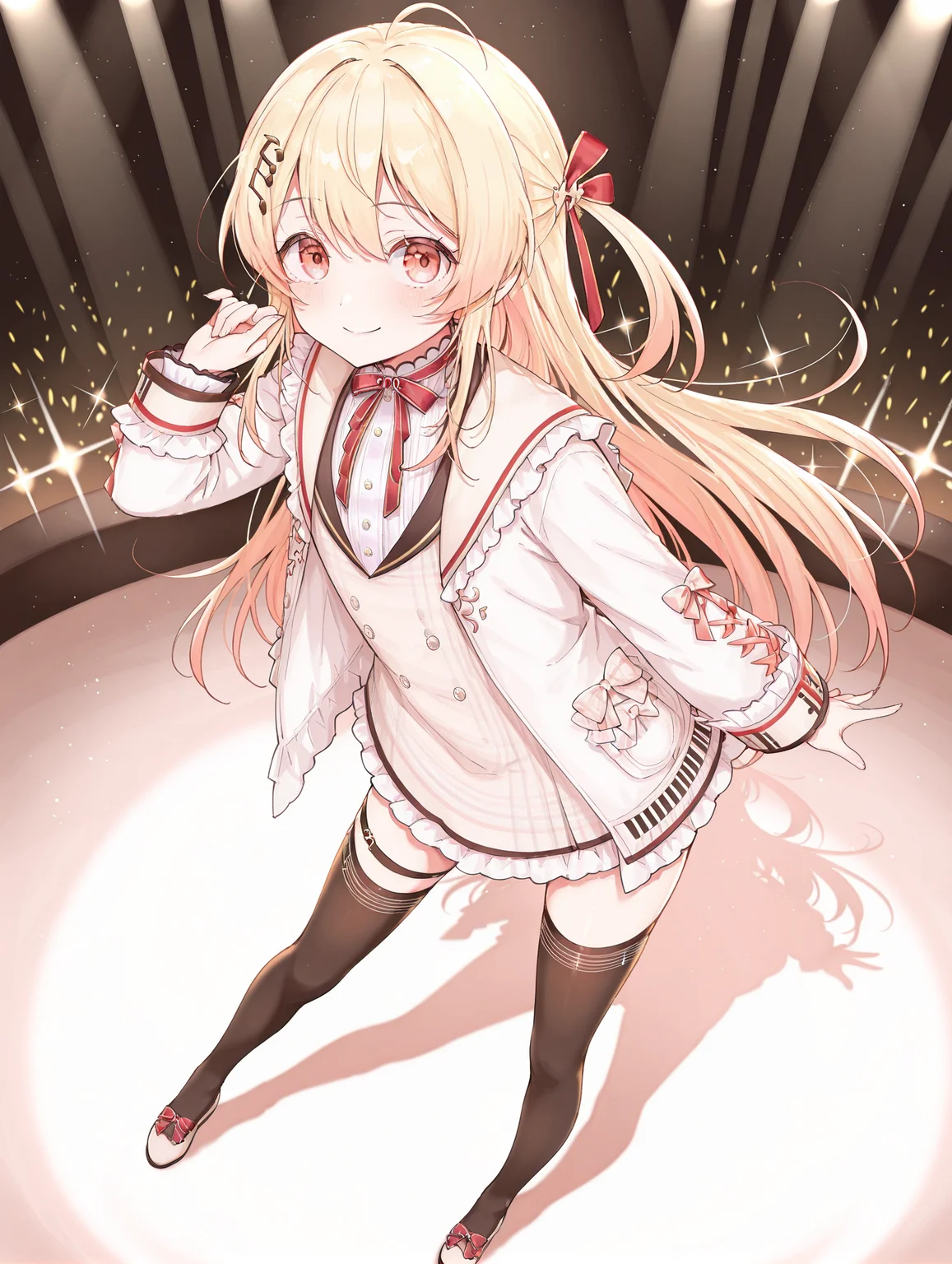 masterpiece,best quality,amazing quality, 1girl, kanade otonose, solo, blonde hair, long hair, red eyes, hair ornament, long sleeves, looking at viewer, bangs, virtual youtuber, dress, bow, red bow, thighhighs, jacket, white jacket, smile, dance, full body <lora:Kanade_Otonose:1>