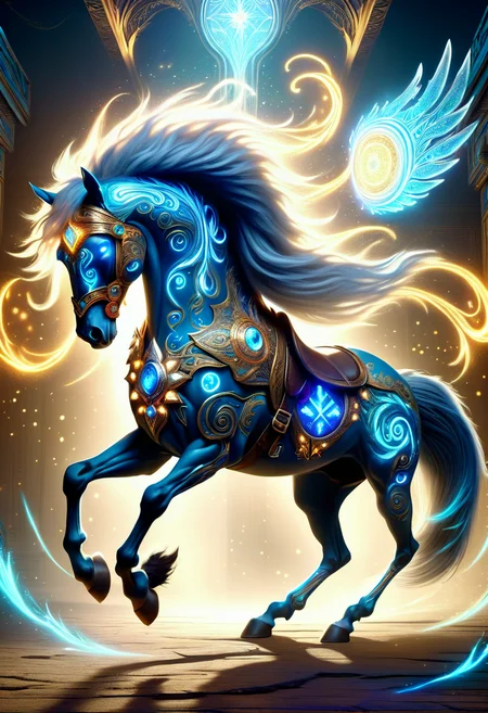 hyper detailed masterpiece,DonMMy51ic4lXL, wisp, large mythical creature, humanoid upper body, horse lower body, muscular strong physique, human like arms and torso, equine features, hooves, flowing tail, wild untamed mane of hair, weapons, dynamic, running pose, benevolent, healthy , runes <lora:DonMMy51ic4lXL-v1.1-000006:0.8>