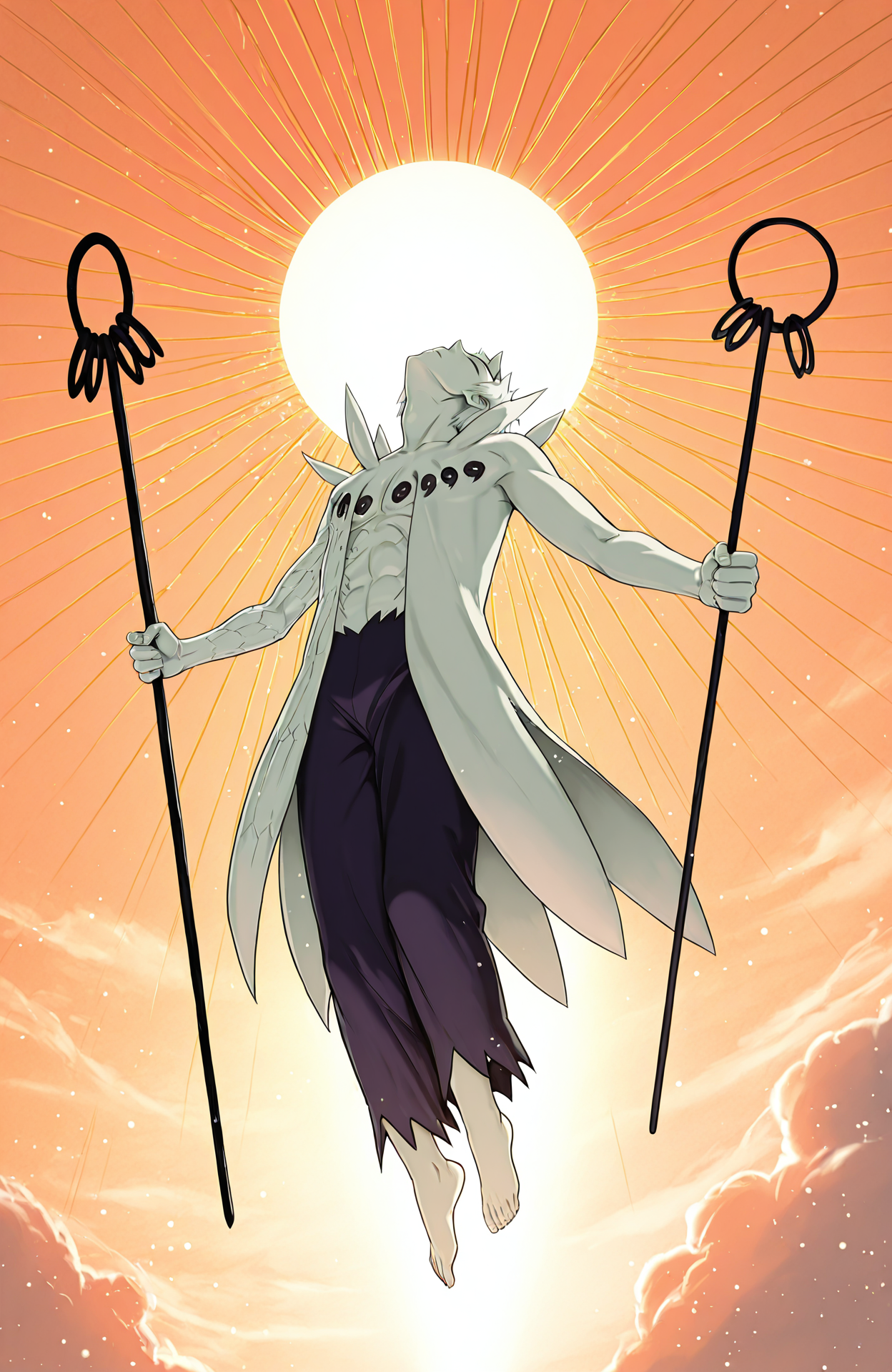orange sky, swirling clouds, plantar flexion, floating, midair, spread arms, a-pose, holding staff, light particles, sunburst, heavenly, wind, closed eyes, head back, from below, r50_ob1t0, rinnegan, sharingan, 
masterpiece, best quality,
<lora:Juubito_X6E13:1.0>