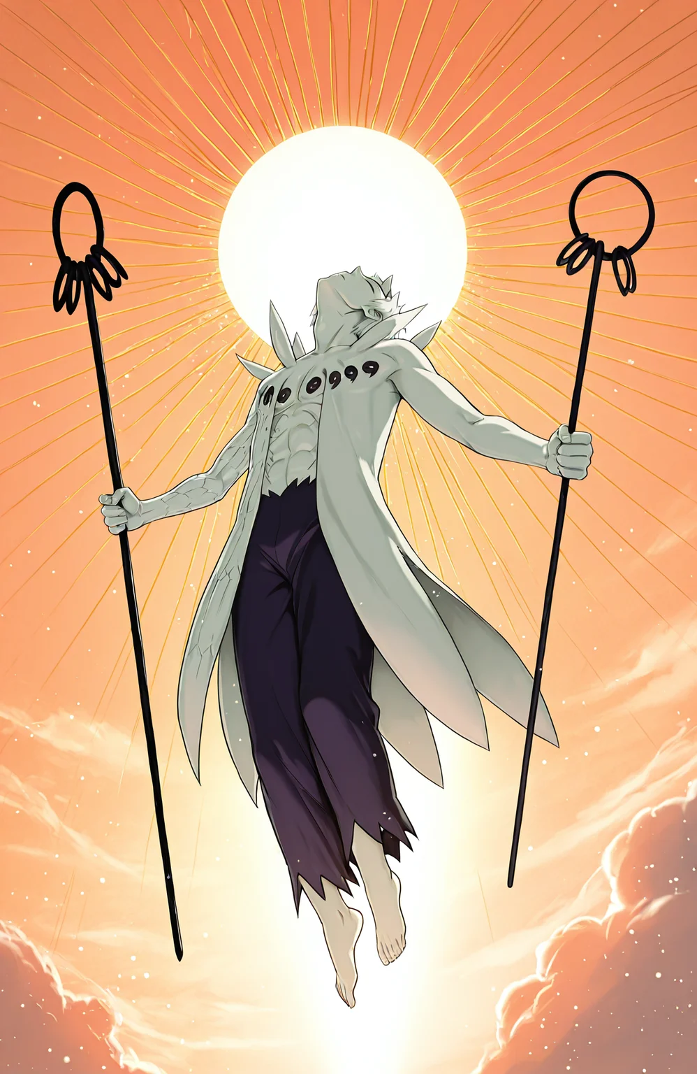 orange sky, swirling clouds, plantar flexion, floating, midair, spread arms, a-pose, holding staff, light particles, sunburst, heavenly, wind, closed eyes, head back, from below, r50_ob1t0, rinnegan, sharingan, 
masterpiece, best quality,
<lora:Juubito_X6E13:1.0>