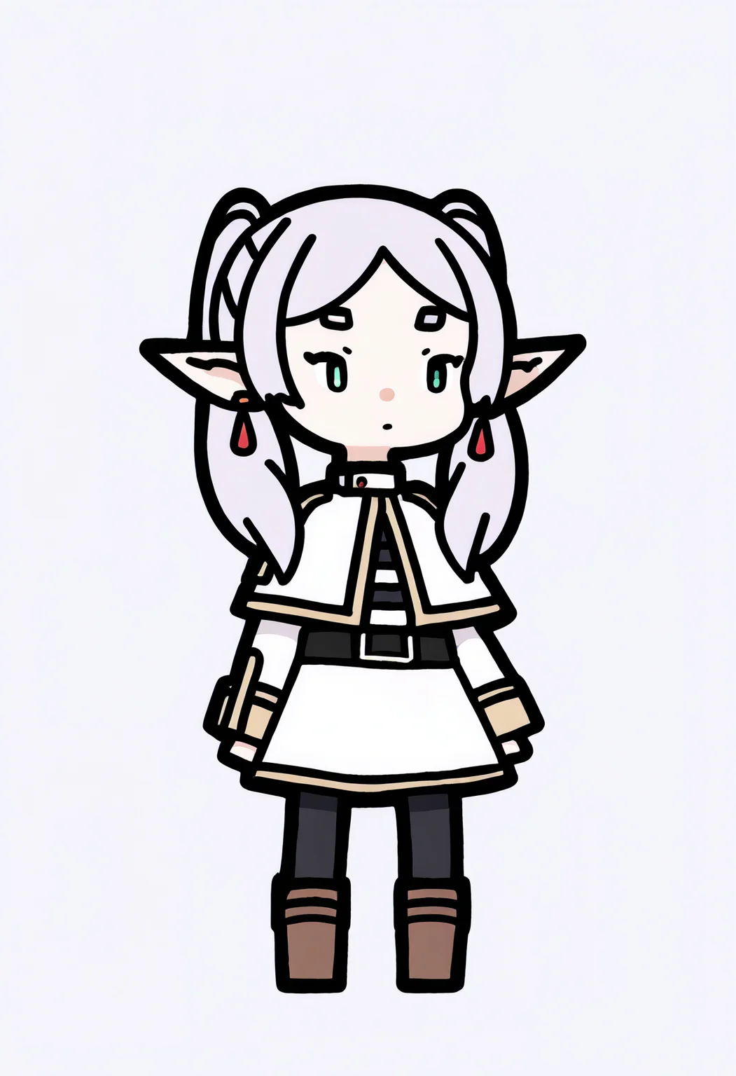 best quality, amazing quality, very aesthetic, absurdres,
1girl, chibi,
frieren, green eyes, grey hair, twintails, thick eyebrows, pointy ears, white capelet with long sleeves, earrings, black belt, black pantyhose and brown boots,
standing, full body, solo, looking at viewer, simple background, white background, <lora:RabbitAndSteelIllustriousLocon_byKonan:1> <lora:FrierenIllustriousXL_byKonan:0.8>
