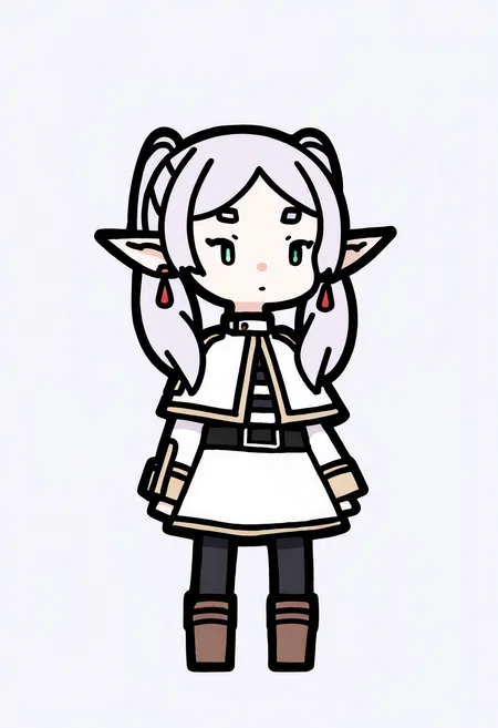 best quality, amazing quality, very aesthetic, absurdres,
1girl, chibi,
frieren, green eyes, grey hair, twintails, thick eyebrows, pointy ears, white capelet with long sleeves, earrings, black belt, black pantyhose and brown boots,
standing, full body, solo, looking at viewer, simple background, white background, <lora:RabbitAndSteelIllustriousLocon_byKonan:1> <lora:FrierenIllustriousXL_byKonan:0.8>