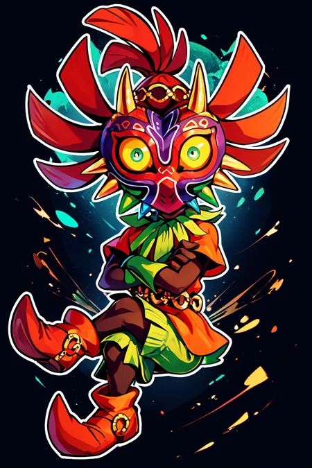 score_9, score_8_up, score_8, BREAK, zzMajora, spikes, yellow sclera, 1boy, mask, horns, glowing eyes, floating, looking at viewer, full body, male focus, boots, crossed arms, crossed legs, black background, red footwear, <lora:MajoraZelda_PDXL:0.8>, BREAK, smile, looking at viewer, abstract background, white outline, embedding:zPDXL, Expressiveh, <lora:CatalystStylePDXL:0.6>, <lora:SDXLFaeTastic2400:0.5>, <lora:Expressive_H-000001:0.4>,