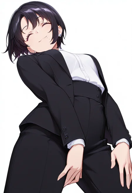 masterpiece,high quality details, absurdres, 
seated with legs outstretched, hands planted behind, torso leaning back  ,
<lora:kuro:0.8> kuro_cnr, 1girl,black hair, short hair, purple eyes, mole under mouth, formal, suit, jacket, white shirt, earrings,, ^ ^,, simple background, white background, from below,solo,
