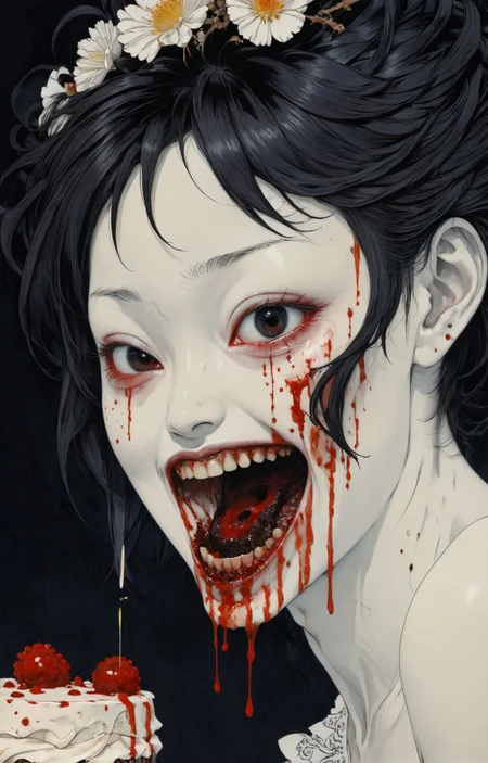japanese line art, horror painting, extreme face close-up of a beautiful South Sudanese woman with a small smile eating a rotting and bleeding wedding cake, in the style of takato yamamoto <lora:takma2:1>