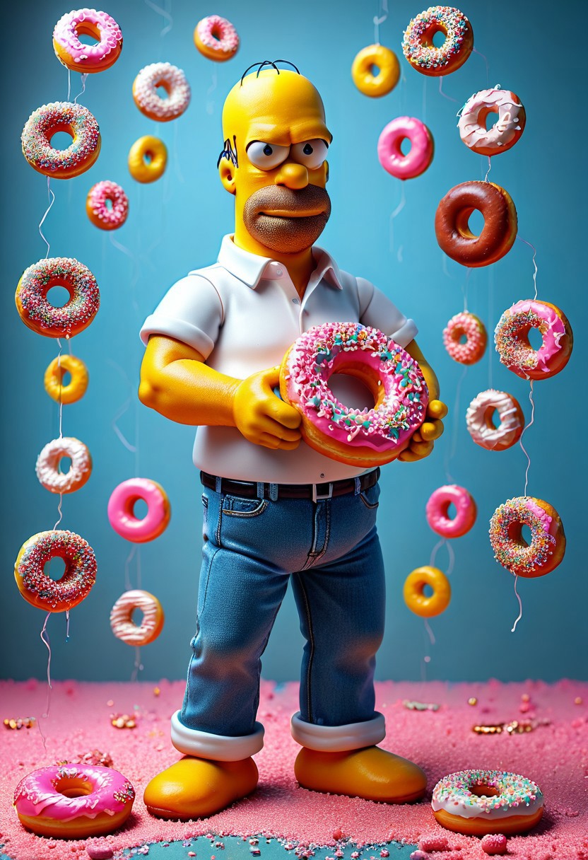 d0nu71f13d, An epic photo of Homer Simpson with a doughnut-shaped head made of doughnuts, white shirt, blue jeans, neon color, masterpiece, best quality, highly detailed, sharp focus, dynamic lighting, flux-style, mobe-cybideen