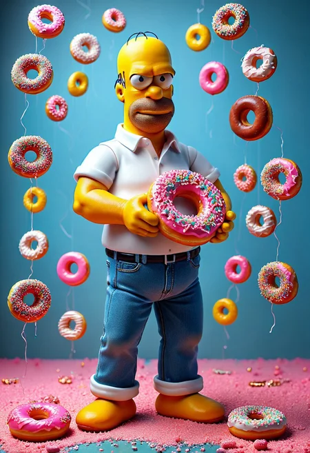 d0nu71f13d, An epic photo of Homer Simpson with a doughnut-shaped head made of doughnuts, white shirt, blue jeans, neon color, masterpiece, best quality, highly detailed, sharp focus, dynamic lighting, flux-style, mobe-cybideen