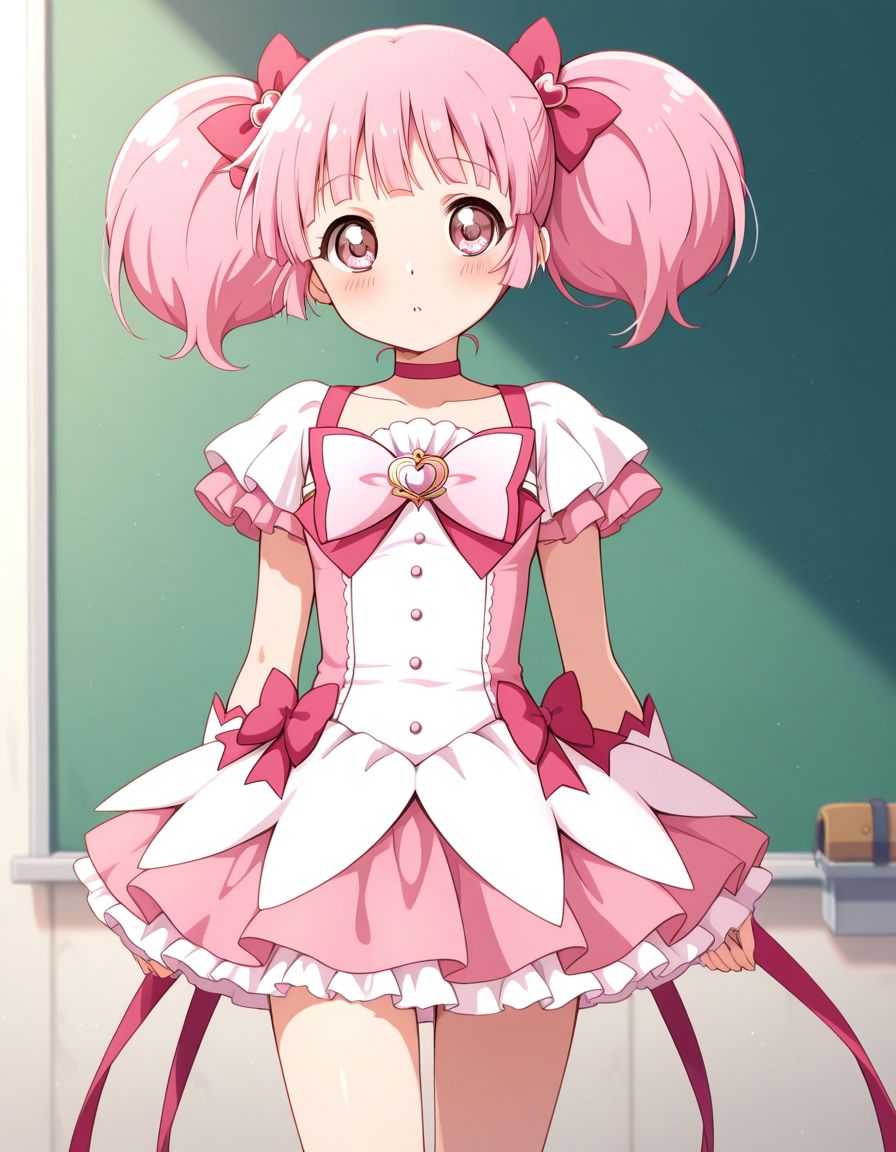 <lora:Yoshikawa_Chinatsu:1> chinatsu_yuyu, 1girl, pink hair, twintails,  magical girl suit , walking around the schoolyard