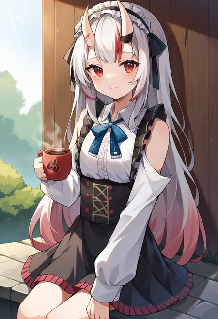 score_9, score_8_up, score_7_up, source_anime, 1girl, solo, AyameGirly, white hair, oni horns, long hair, frilled hairband, black hair ribbon, white shirt, collared shirt, long sleeves, shoulder cutouts, black skirt, high-waist skirt, blue bow, sitting, outdoors, coffee mug, smile, <lora:CHAR-NakiriAyamePonyXL:1>
